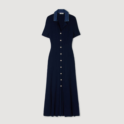 Julietta Denim Collar Knit Maxi Dress Navy Blue