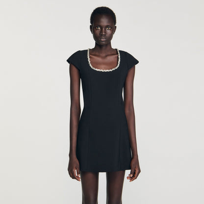 Astra Short Dress With Rhinestone Collar Black