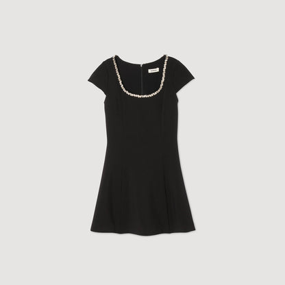 Astra Short Dress With Rhinestone Collar Black