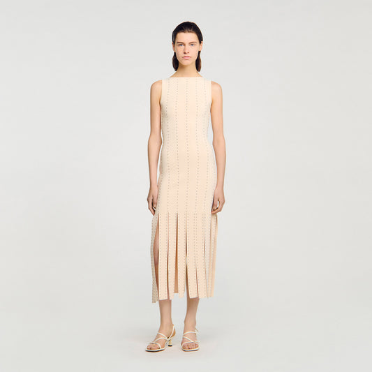 Aphrodite Fringed Knit Maxi Dress Ecru