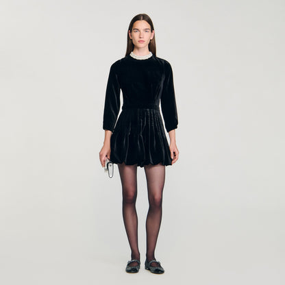 Amalia Beaded Velvet Short Dress Black