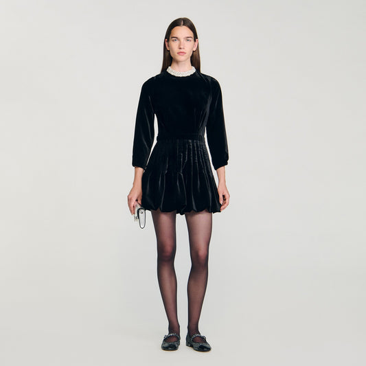 Amalia Beaded Velvet Short Dress Black