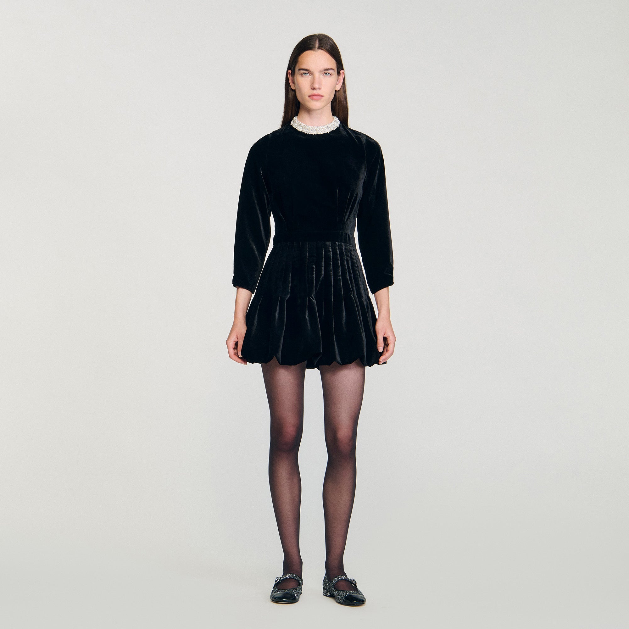 Amalia Beaded Velvet Short Dress Black