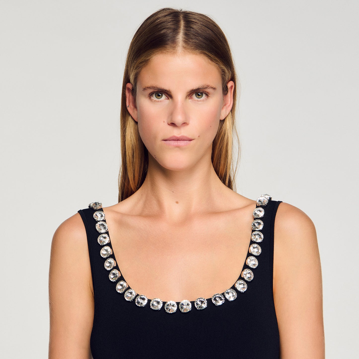 Nelya Short Dress With Rhinestone Neck Black