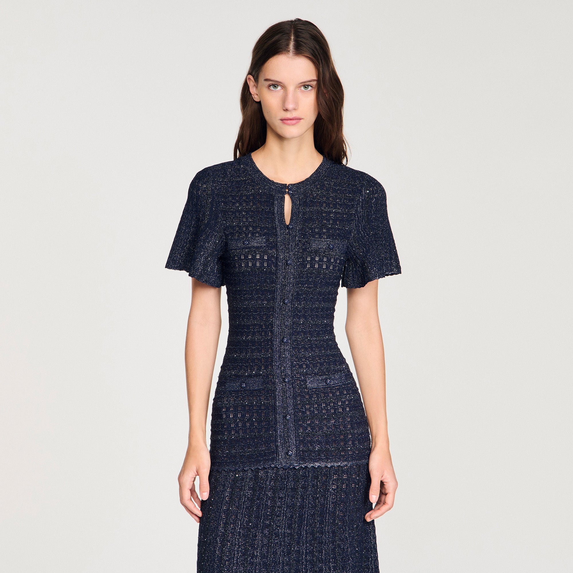 【美品23AW】フォクシーSERENA DRESS 40 ロゴ刺繍　黒43233 Diane Rhinestone Knit Maxi Dress Navy Blue