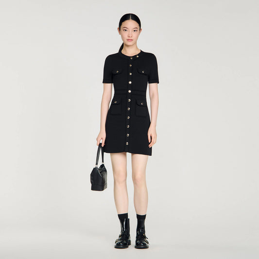 Isis Button-Up Knit Short Dress Black