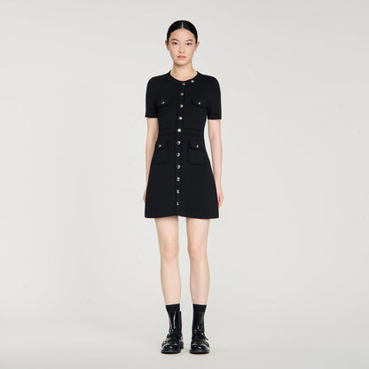 Isis Button-Up Knit Short Dress Black