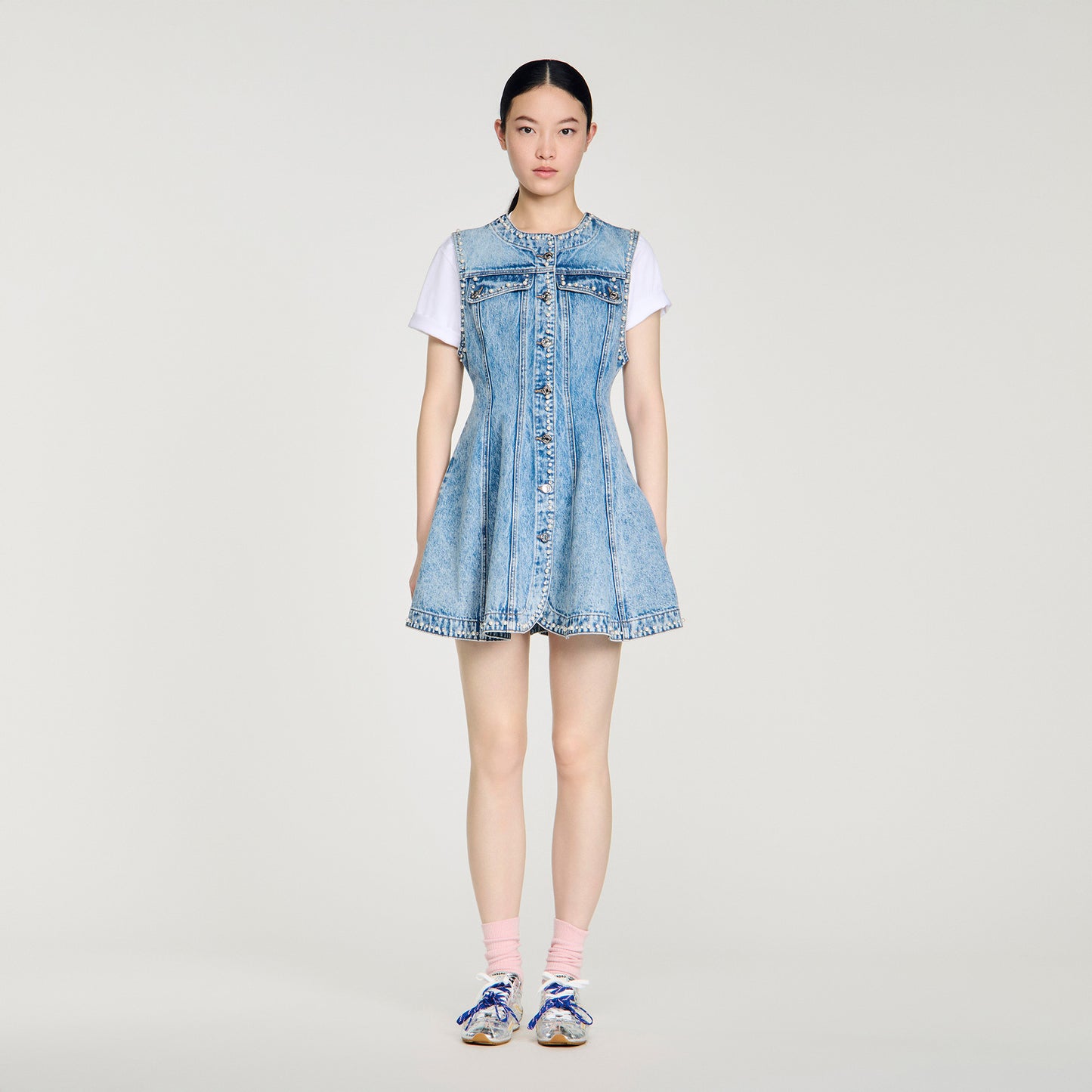 Riri Short Beaded Rhinestone Denim Dress Blue Jean