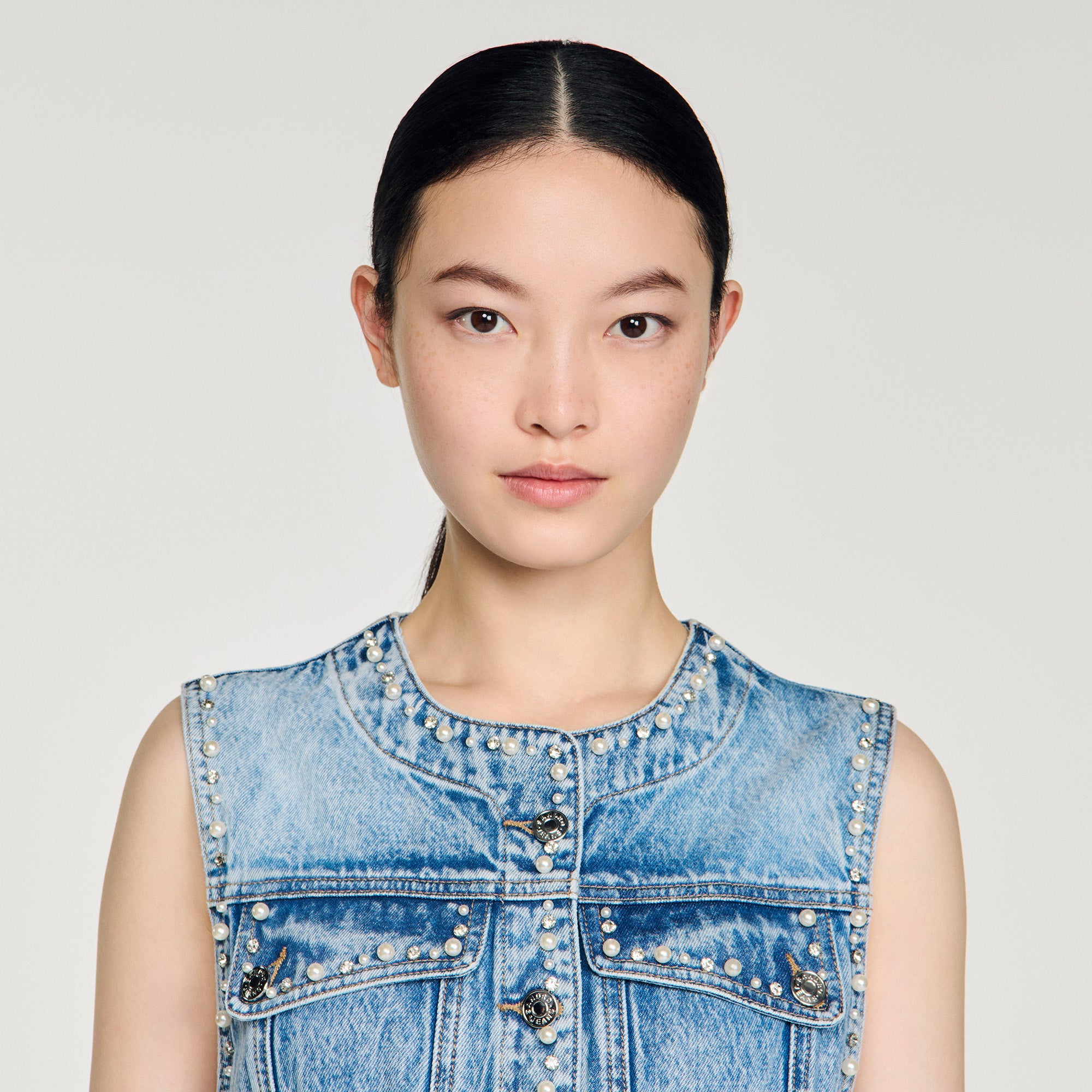 Riri Short Beaded Rhinestone Denim Dress Blue Jean