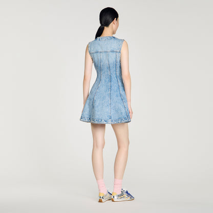 Riri Short Beaded Rhinestone Denim Dress Blue Jean
