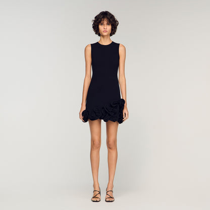 Floral Knit Short Dress Black