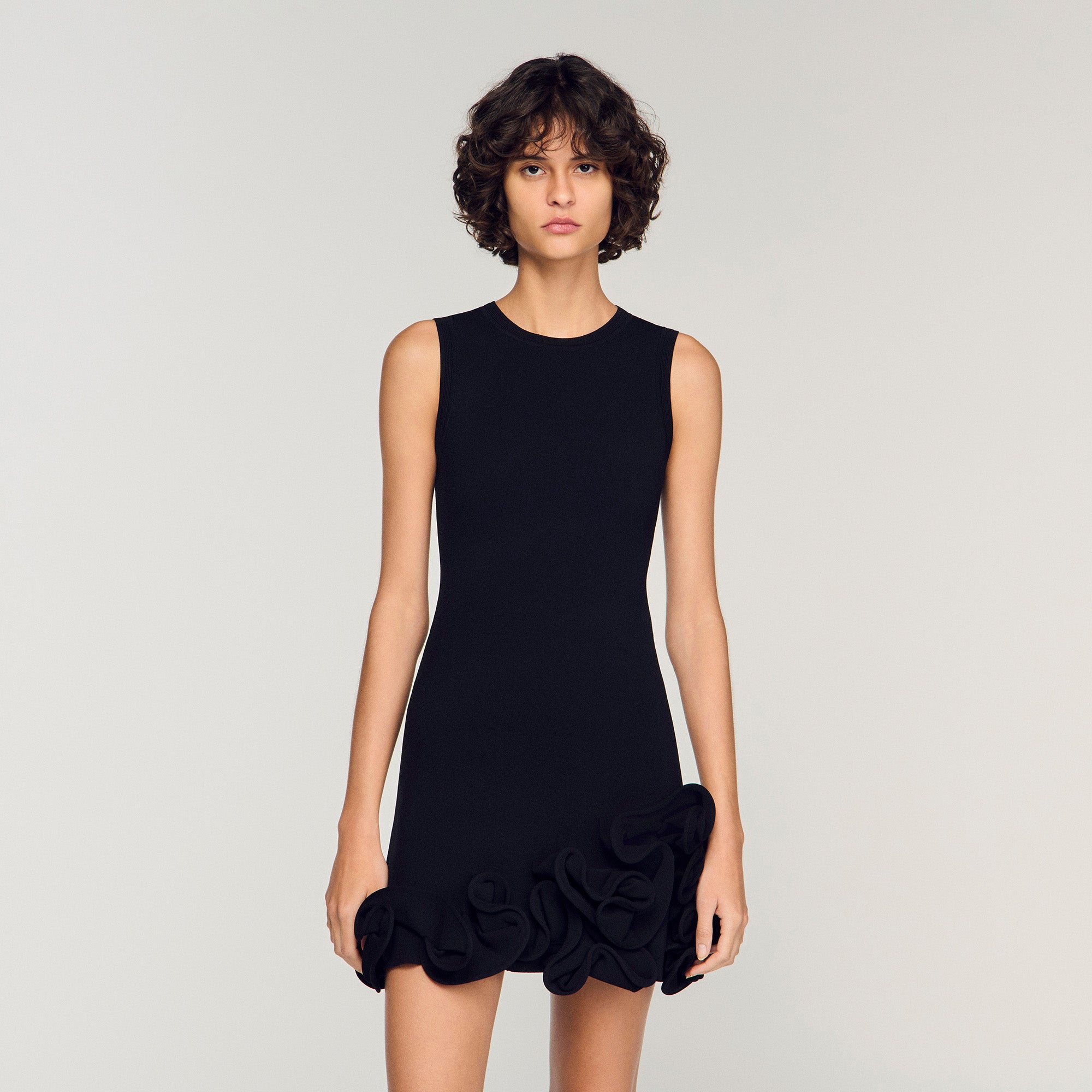 Floral Knit Short Dress Black