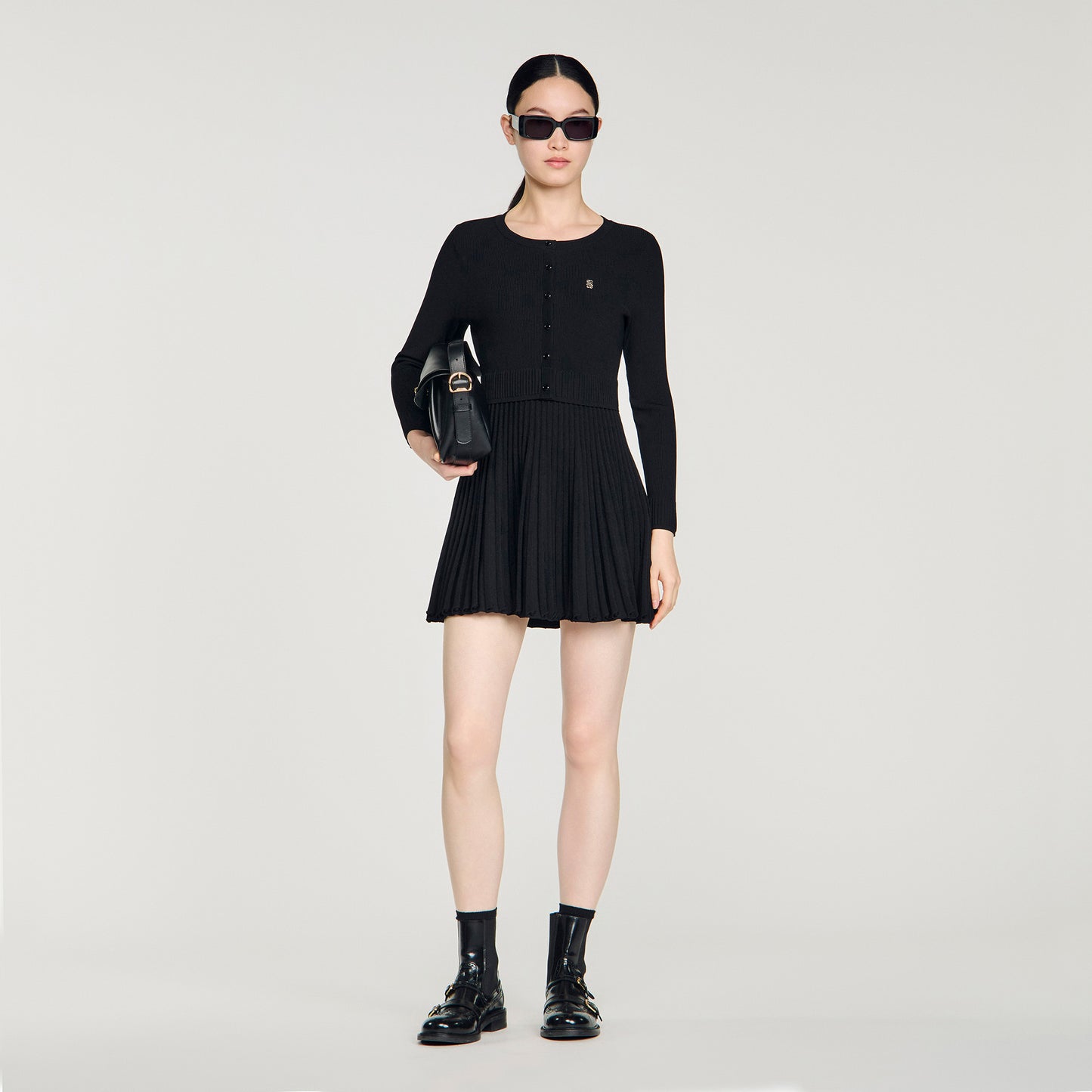 Ruby Pleated Knit Short Dress Black
