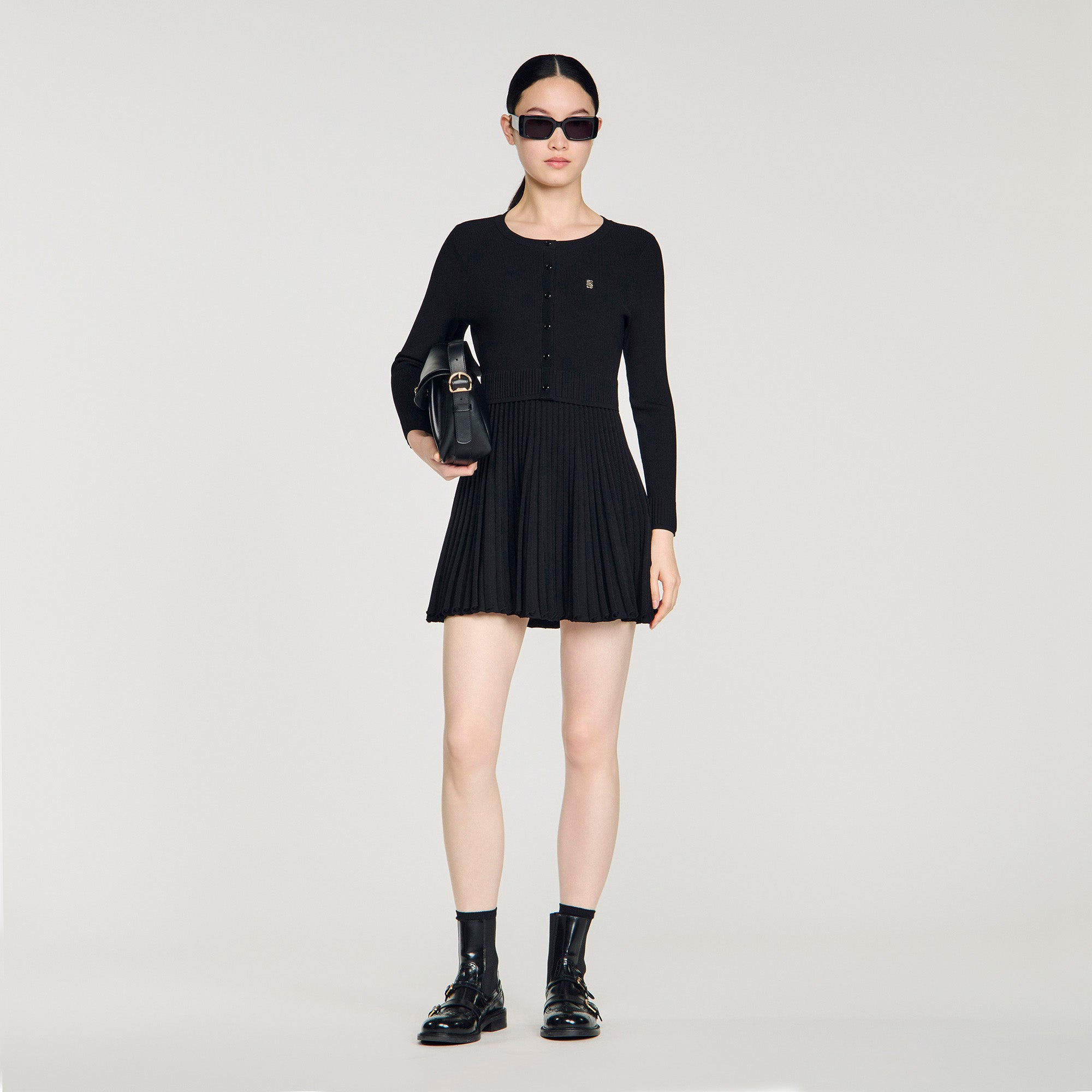 Ruby Pleated Knit Short Dress Black