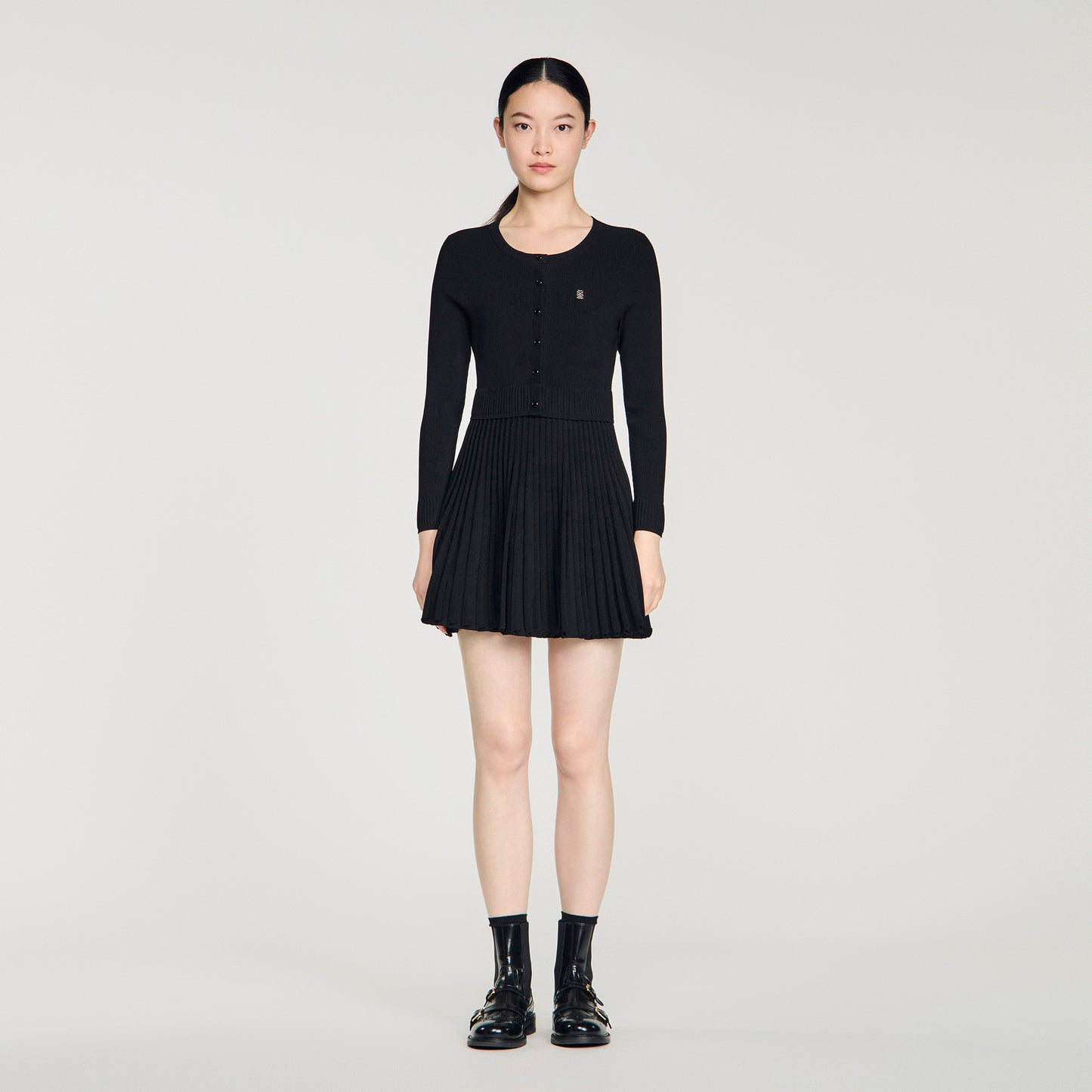 Ruby Pleated Knit Short Dress Black