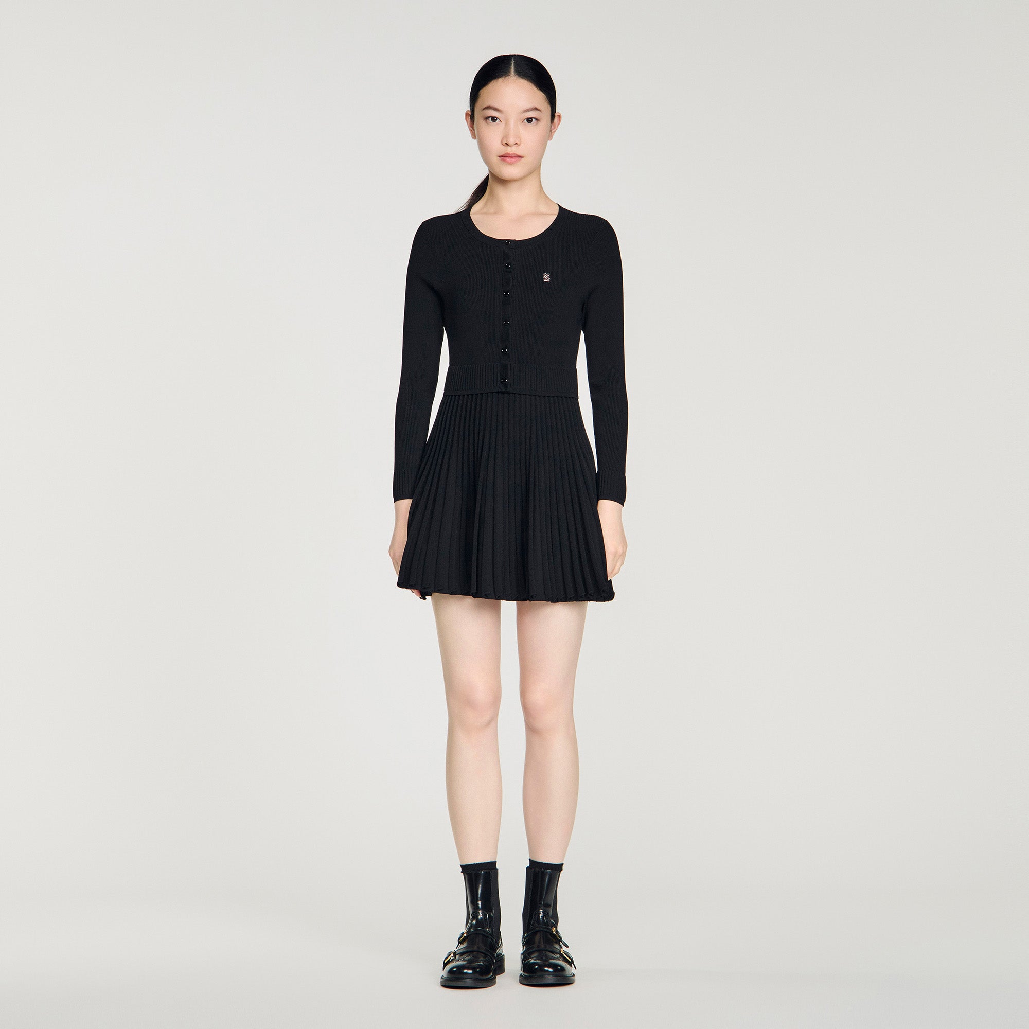 Ruby Pleated Knit Short Dress Black