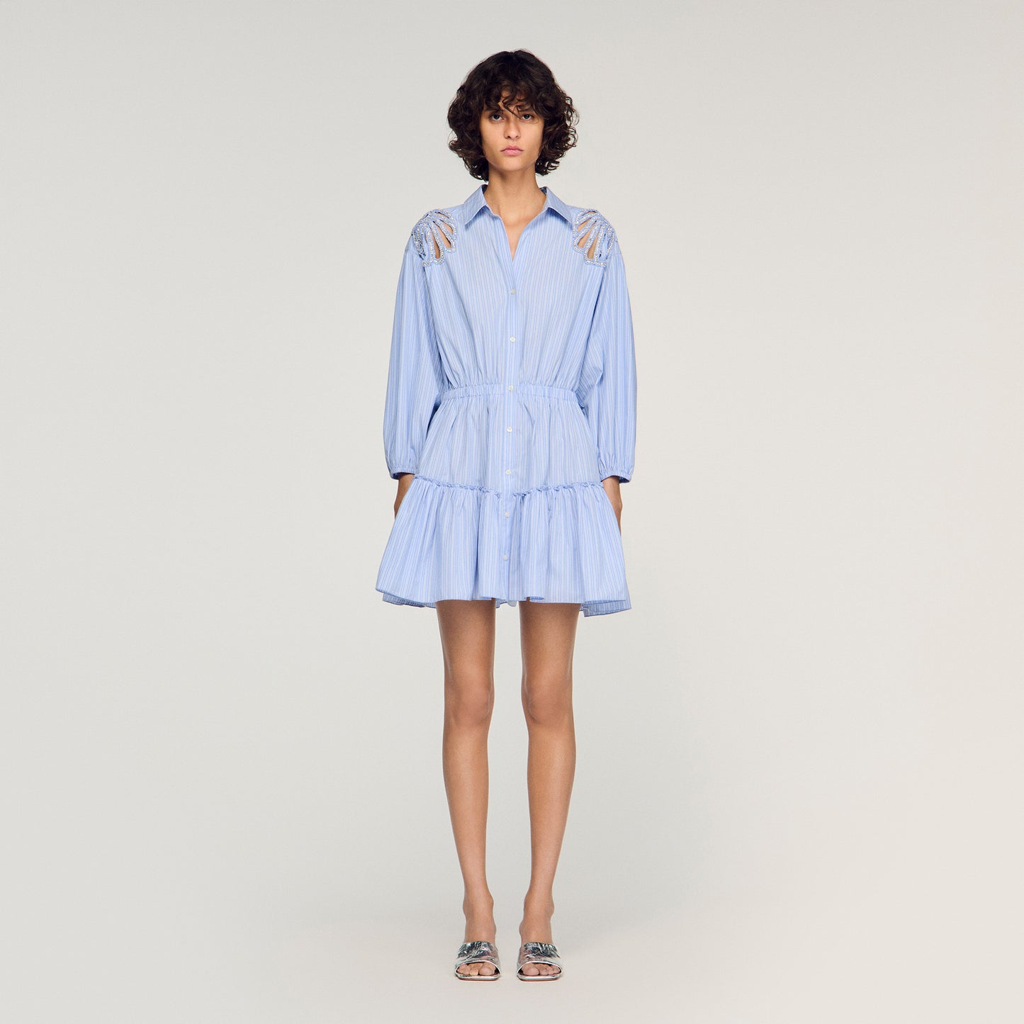 Ludovica Short Striped Cotton Dress Sky Blue