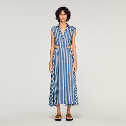 Sofia Striped Maxi Dress With Leather Tab Blu / White