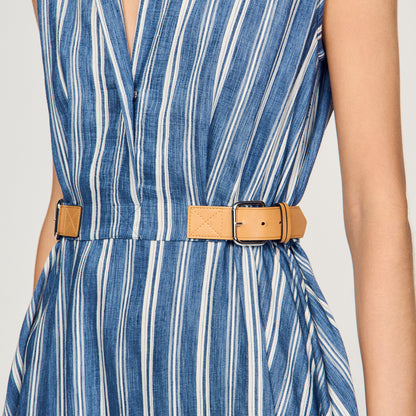 Sofia Striped Maxi Dress With Leather Tab Blu / White