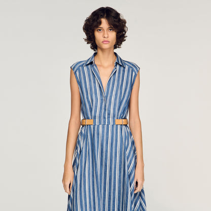 Sofia Striped Maxi Dress With Leather Tab Blu / White