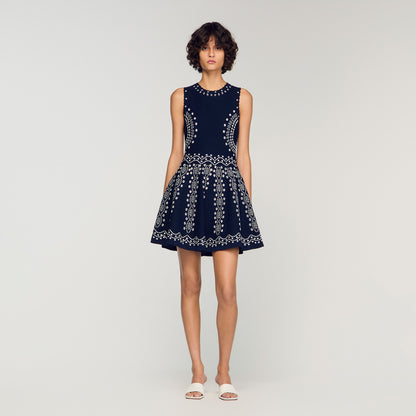 Capri Scarf-Print Knit Short Dress Navy Blue