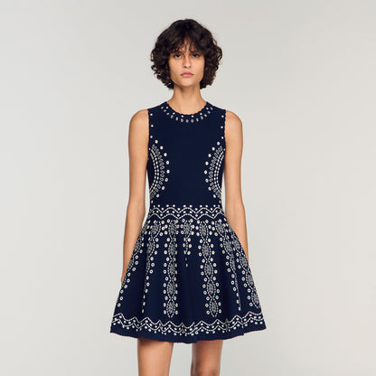 Capri Scarf-Print Knit Short Dress Navy Blue