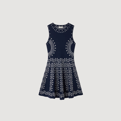 Capri Scarf-Print Knit Short Dress Navy Blue