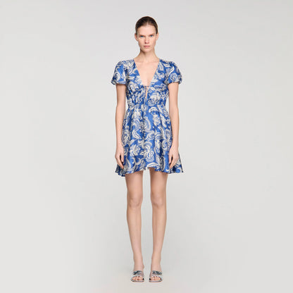 Pierly Floral Print Short Dress Blue / Ecru