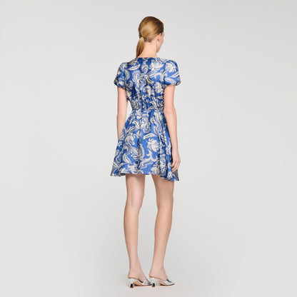 Pierly Floral Print Short Dress Blue / Ecru