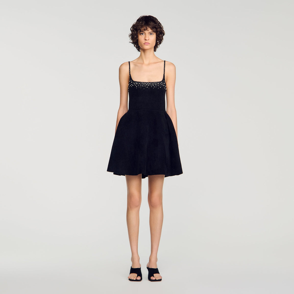 Cosma Short Rhinestone Velvet Dress Black