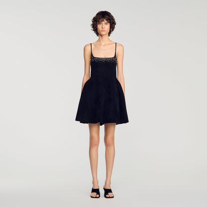 Cosma Short Rhinestone Velvet Dress Black