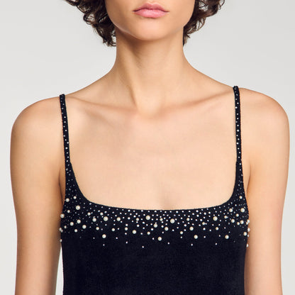 Cosma Short Rhinestone Velvet Dress Black