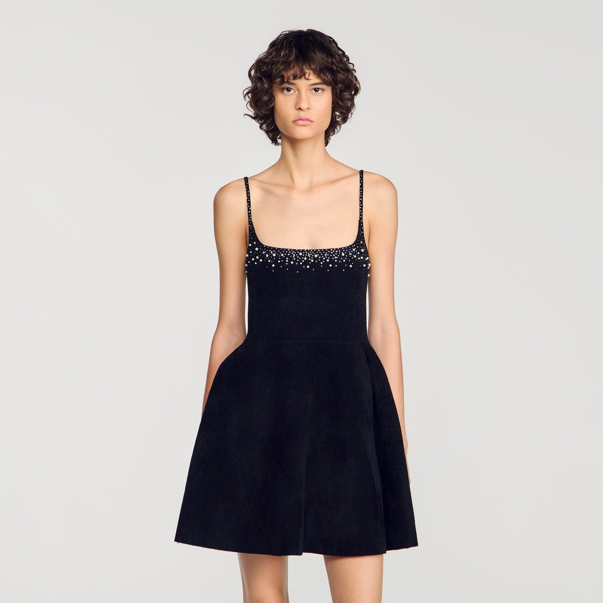 Cosma Short Rhinestone Velvet Dress Black