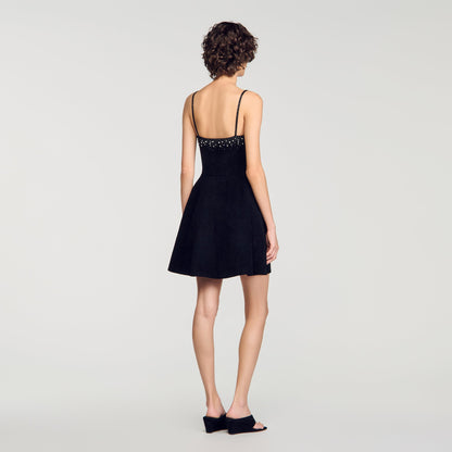 Cosma Short Rhinestone Velvet Dress Black