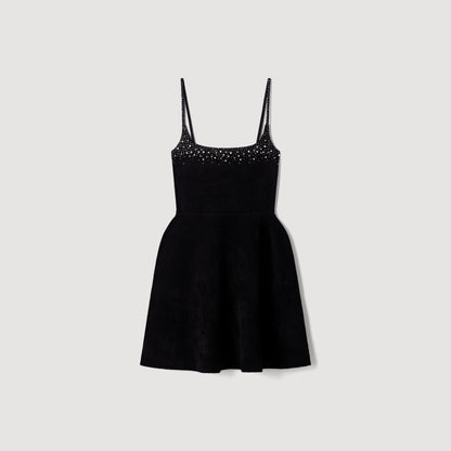 Cosma Short Rhinestone Velvet Dress Black