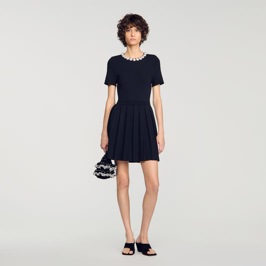 Agnes Short dress with beaded flowers Black
