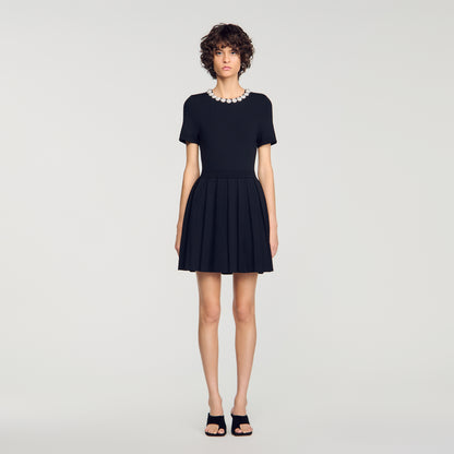 Agnes Short dress with beaded flowers Black