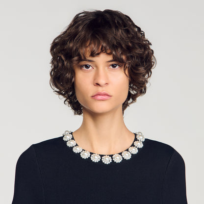 Agnes Short dress with beaded flowers Black