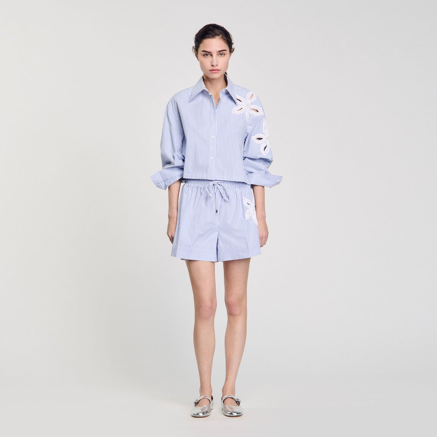 Physalis Striped Shorts With Flower Detail Sky Blue