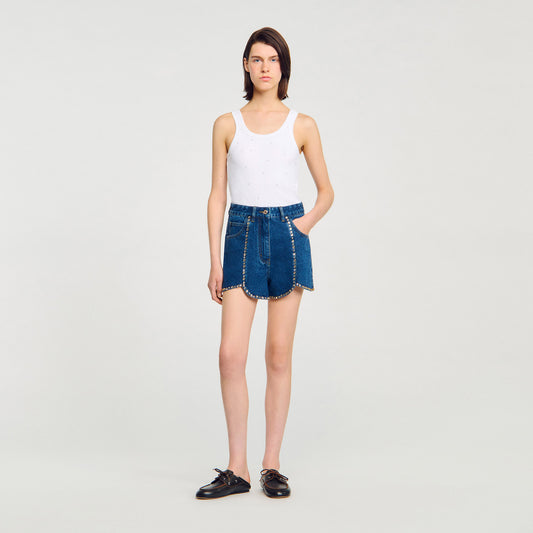 Ishay Rhinestone Denim Shorts Blue Jean