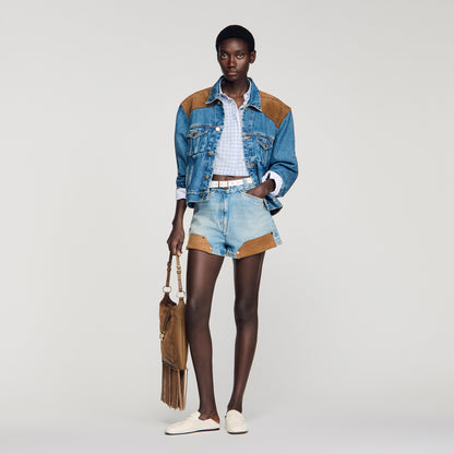 Canyon Riveted Denim And Suede Shorts Light Blue Jean