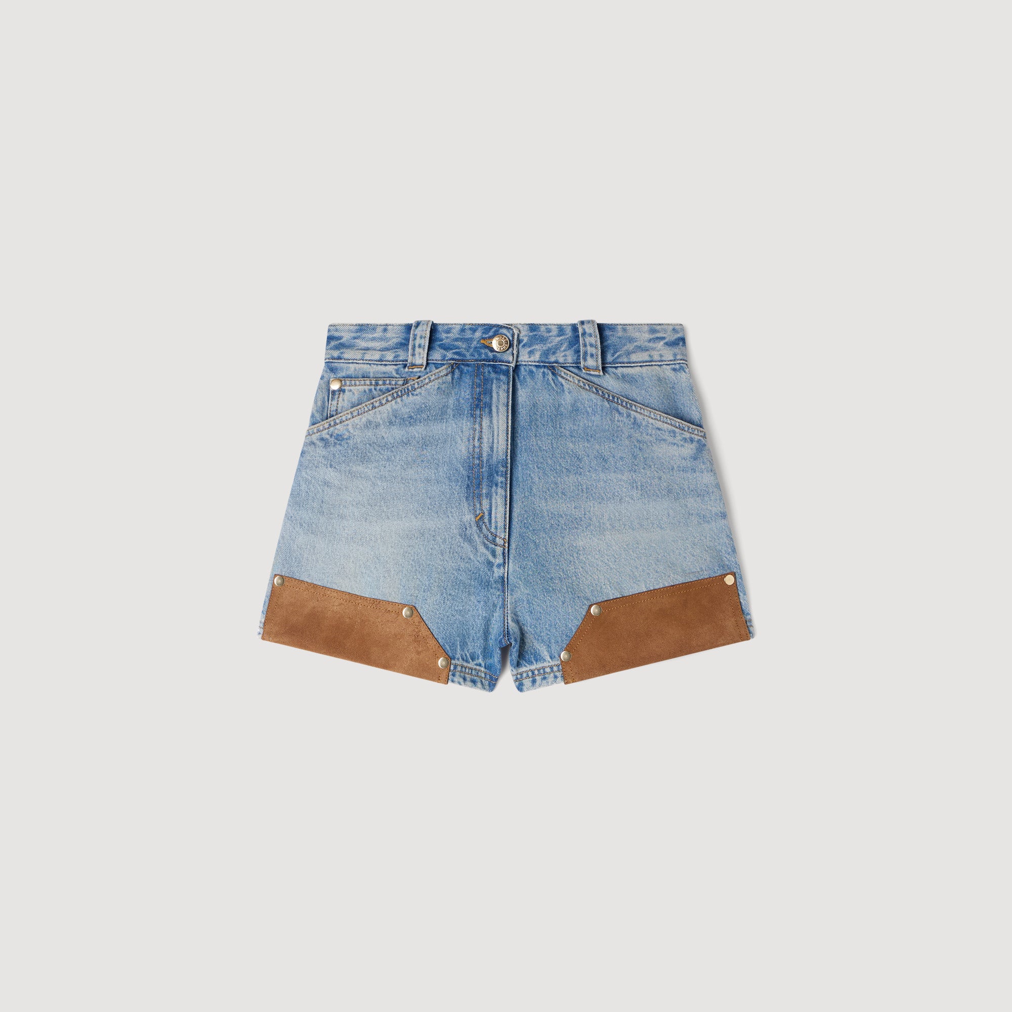 Canyon Riveted Denim And Suede Shorts Light Blue Jean