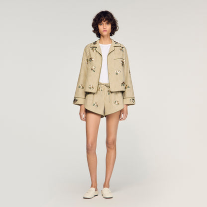 Nillo Floral Embroidered Striped Shorts Olive Green