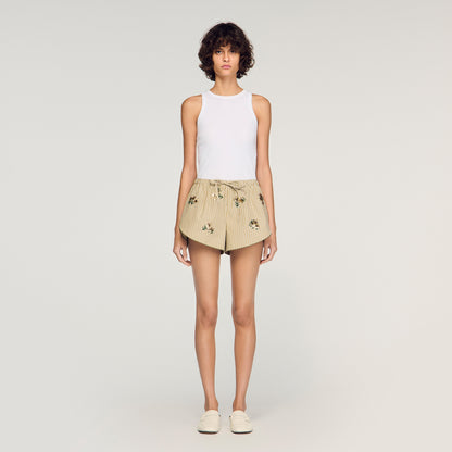 Nillo Floral Embroidered Striped Shorts Olive Green