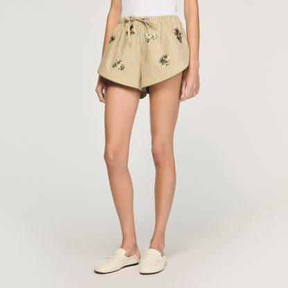 Nillo Floral Embroidered Striped Shorts Olive Green