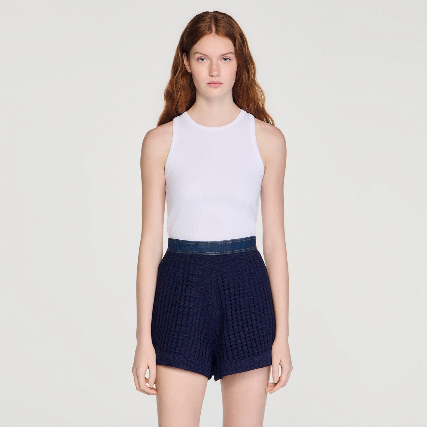 Mareo High-Waisted Crochet Shorts Navy Blue