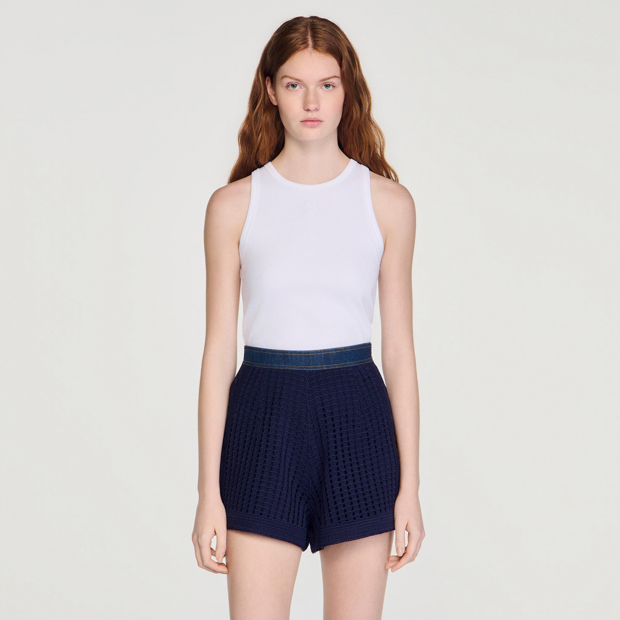 Mareo High-Waisted Crochet Shorts Navy Blue
