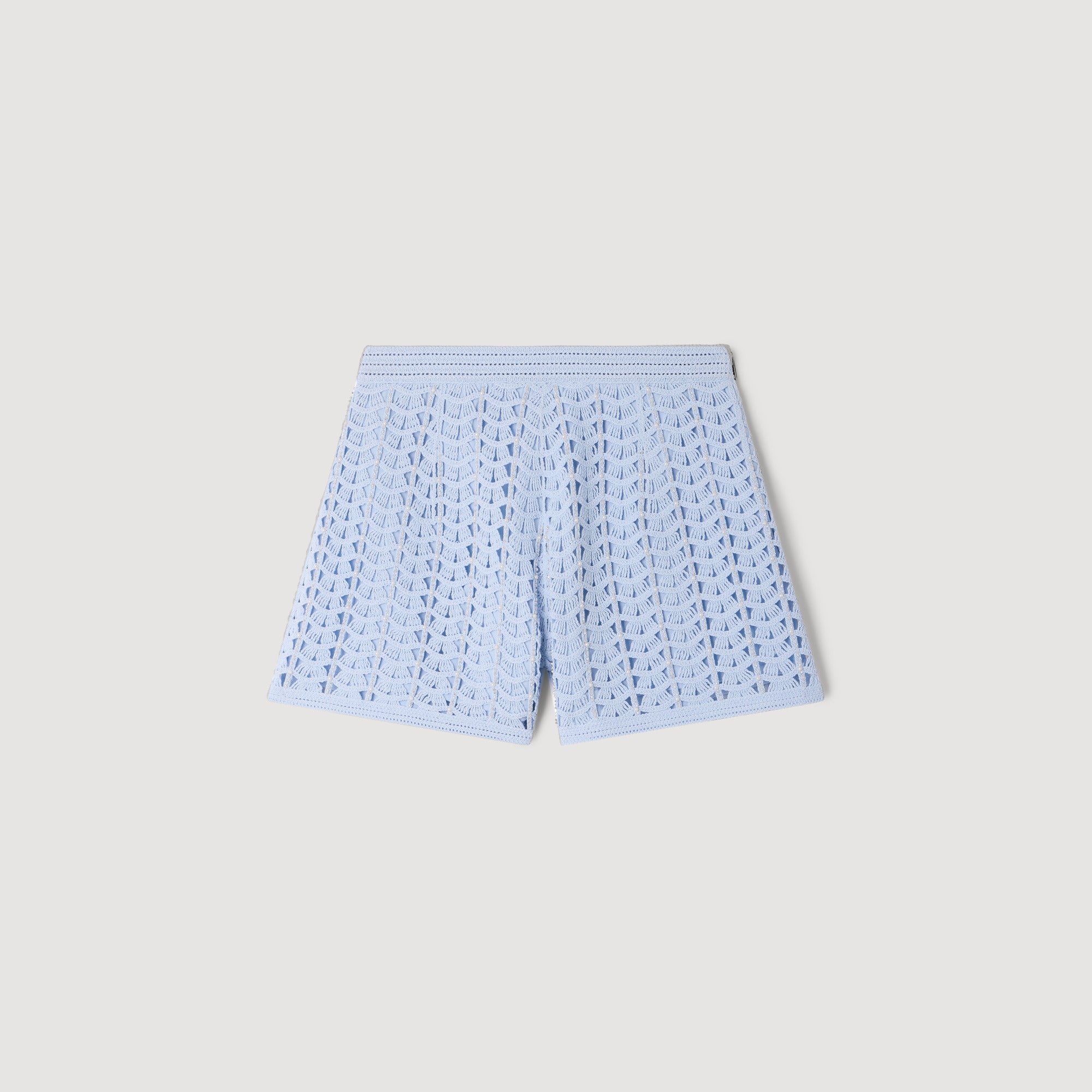 Migueli High-Waisted Beaded Crochet Shorts Sky Blue