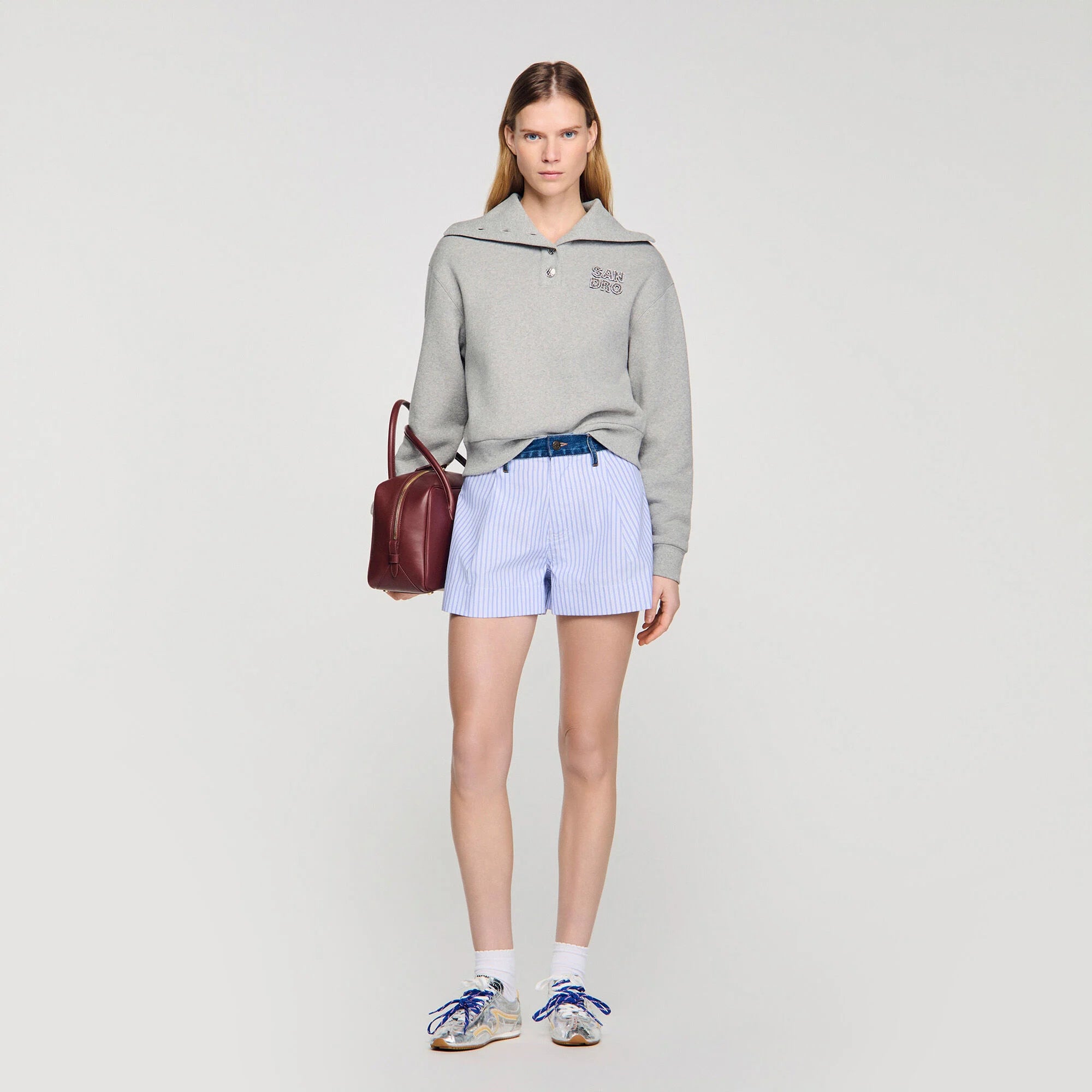Avery Embroidered Split Neck Sweatshirt Grey