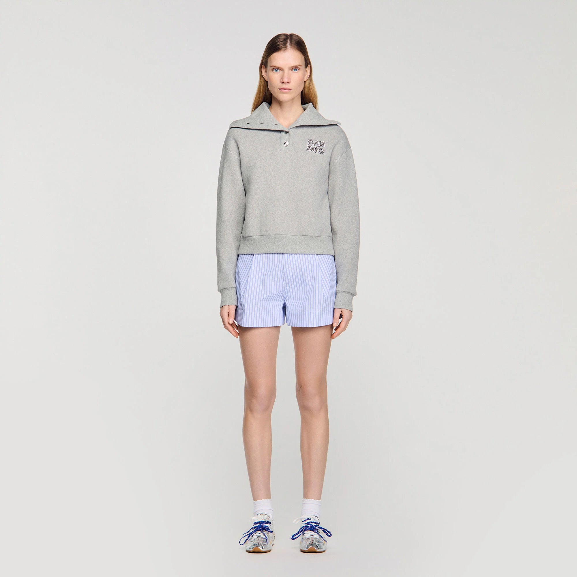 Avery Embroidered Split Neck Sweatshirt Grey